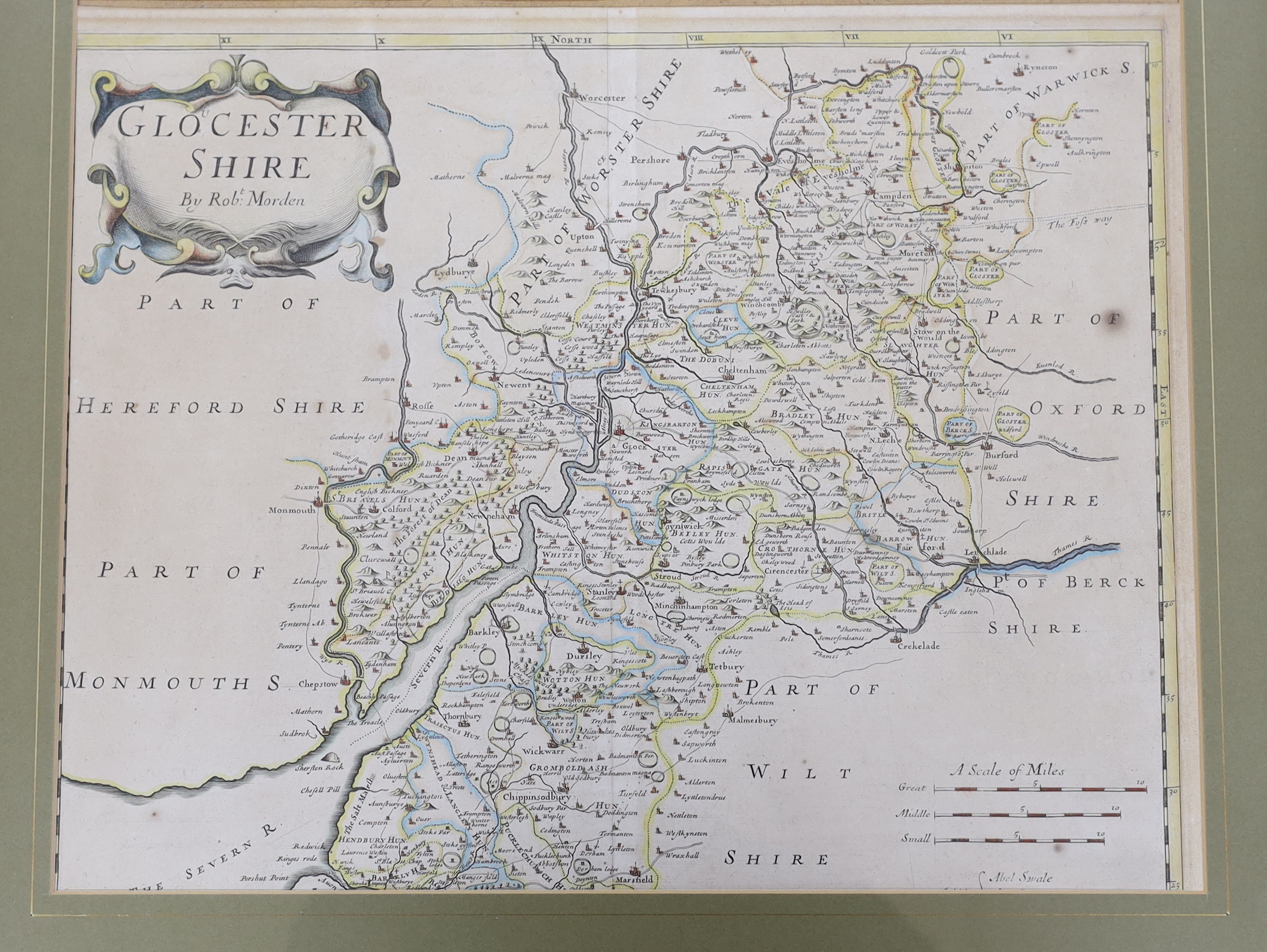 Robert Morden (1650-1703) five antique hand coloured maps, comprising Sussex, Monmouthshire, Staffordshire, Gloucestershire and Derbyshire, 35 x 42cm